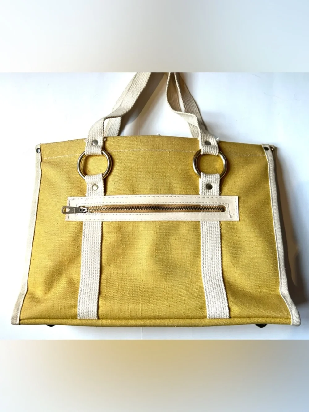 Vintage 60s Canvas Tote Bag in Mustard Yellow with Cream Straps - Picture 1 of 12